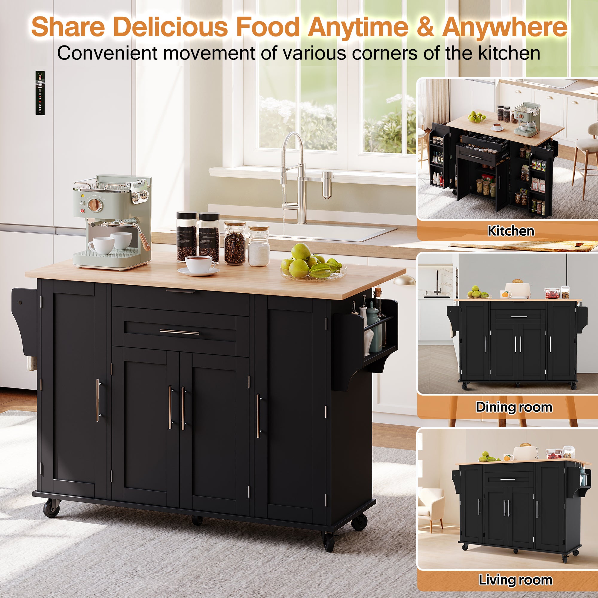 129x46-71x91cm Kitchen Island On Wheels, With Foldable Tabletop, Adjustable Shelves, Rolling Trolley With Storage Cabinets And 2 Drawers, For The Dining Room