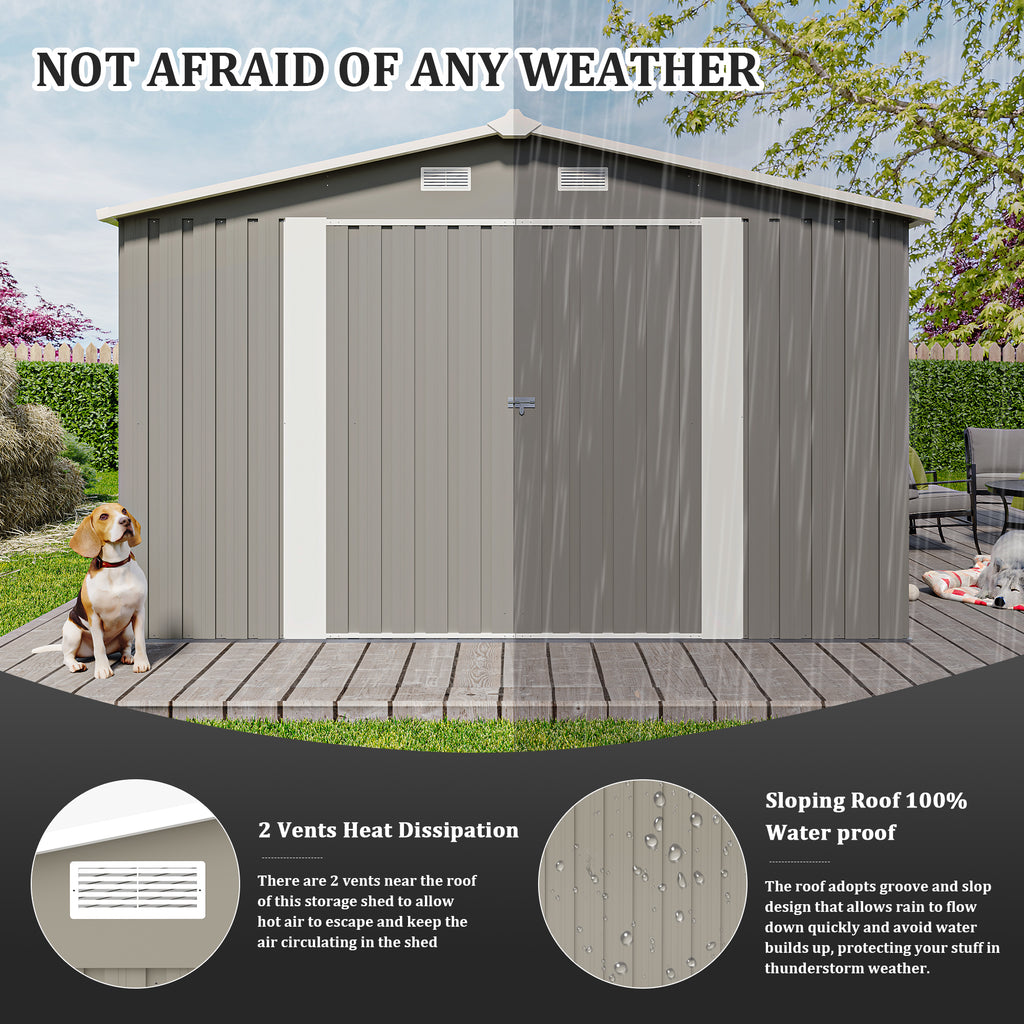 Campcraft  Outdoor Storage Shed 10x14 FT With 3 Lockable Doors,4 Air Vents & Sloped Roof,Utility Tool Shed Metal Storage Garden Sheds  Frame And 4 Vents,for Backyard,Patio,Lawn,Light Grey