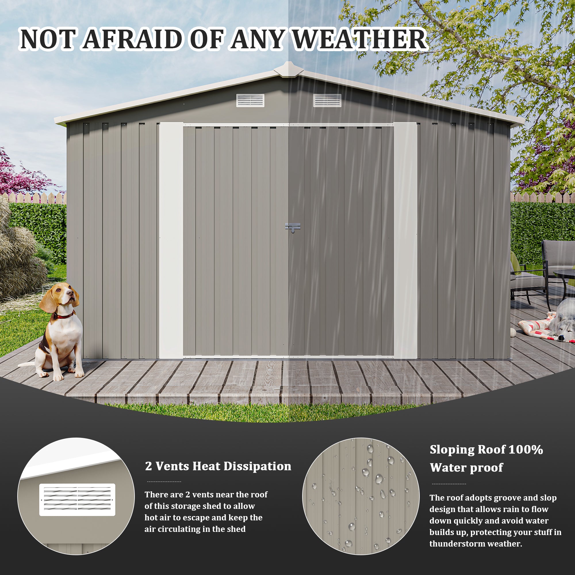 Campcraft  Outdoor Storage Shed 10x14 FT With 3 Lockable Doors,4 Air Vents & Sloped Roof,Utility Tool Shed Metal Storage Garden Sheds  Frame And 4 Vents,for Backyard,Patio,Lawn,Light Grey