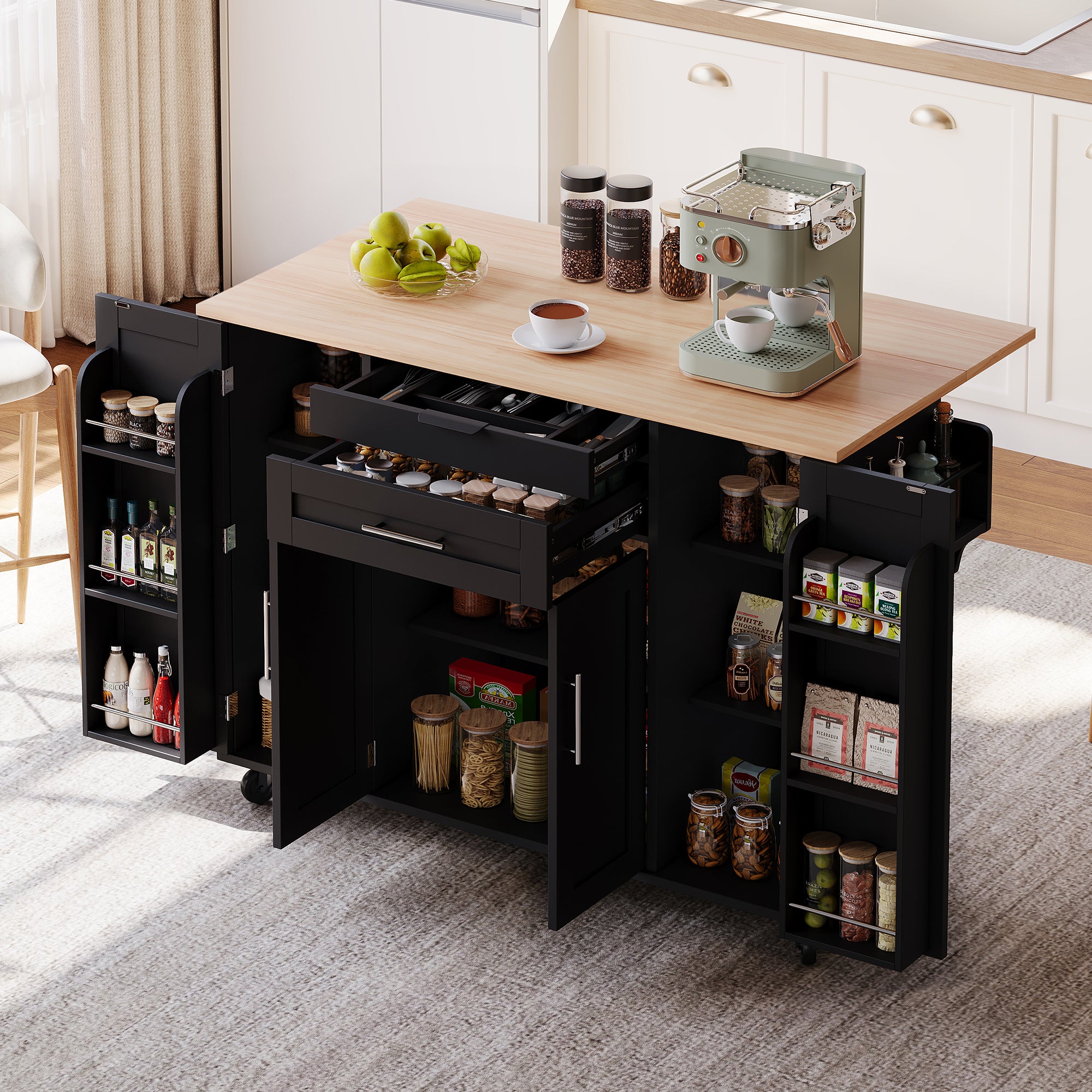 129x46-71x91cm Kitchen Island On Wheels, With Foldable Tabletop, Adjustable Shelves, Rolling Trolley With Storage Cabinets And 2 Drawers, For The Dining Room