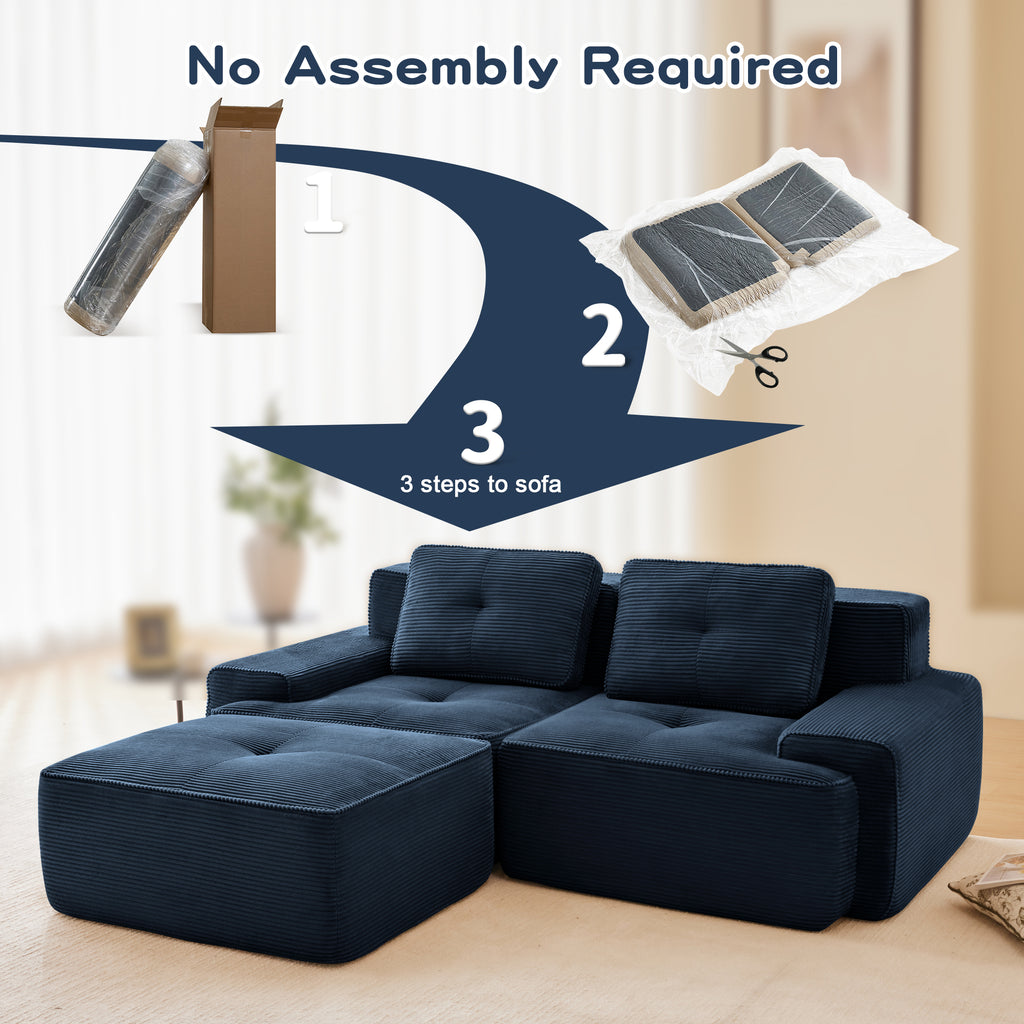 82 Modern L-Shaped Modular Sectional Sofa For Living Room, Corduroy Fabric, 2-Seater Couch With Deep Seat And Movable Ottoman, Pearl-like Piping, Tufted Design, No Assembly, Anti-slip Design, Blue