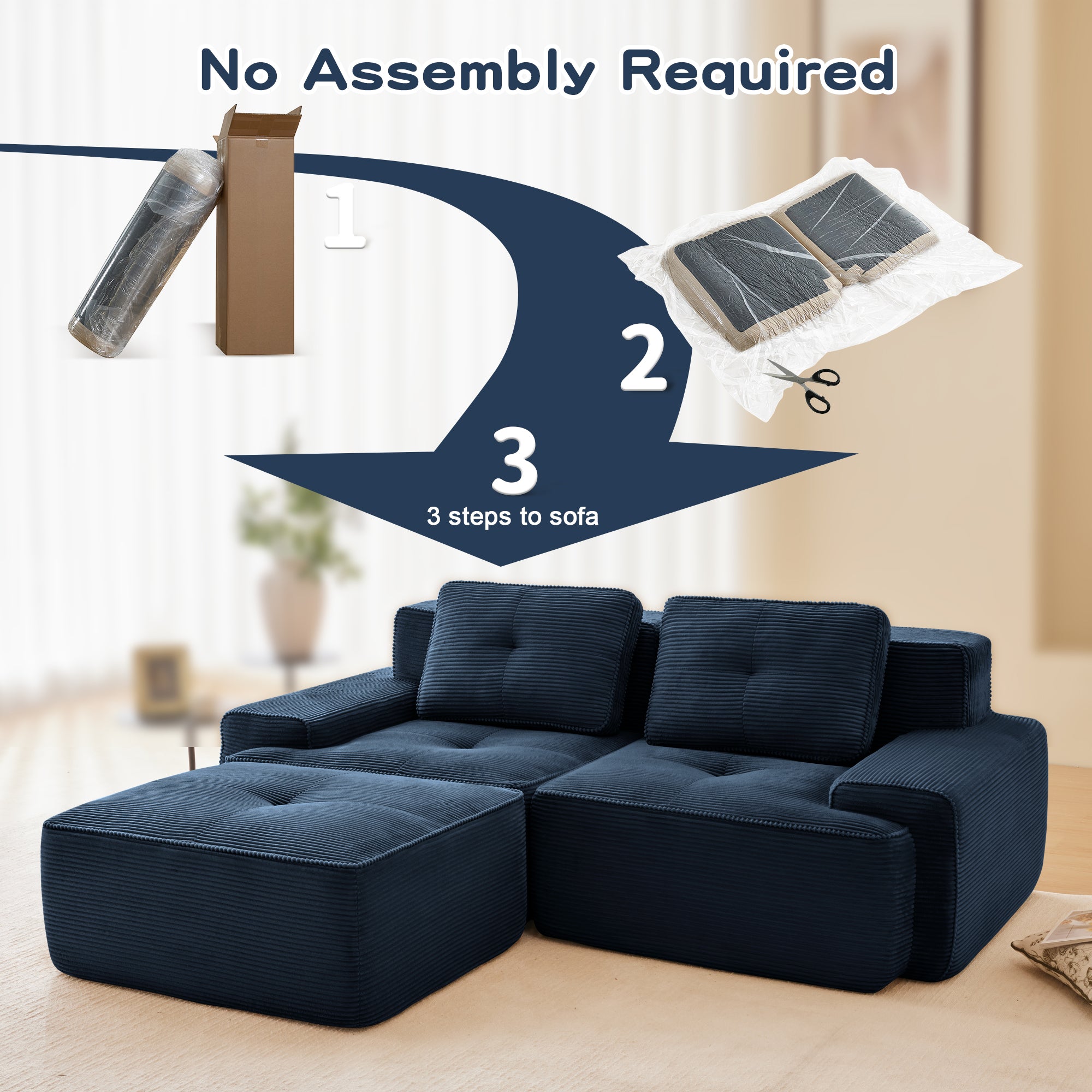 82 Modern L-Shaped Modular Sectional Sofa For Living Room, Corduroy Fabric, 2-Seater Couch With Deep Seat And Movable Ottoman, Pearl-like Piping, Tufted Design, No Assembly, Anti-slip Design, Blue