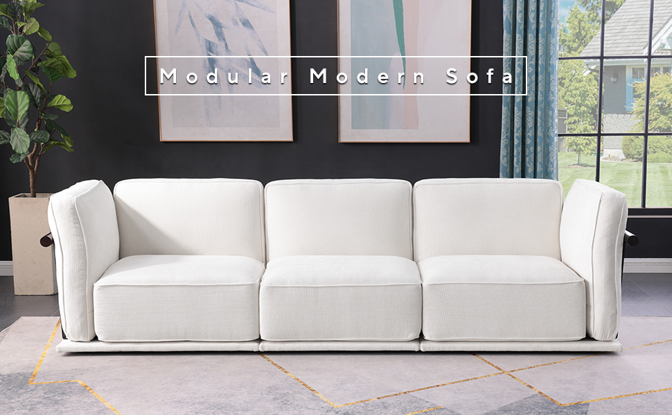 120 Inch White Chenille Modular Sofa , Sturdy Iron,Wood Frame ,Fashionable And Versatile Upholstered Couch For Contemporary Living Rooms