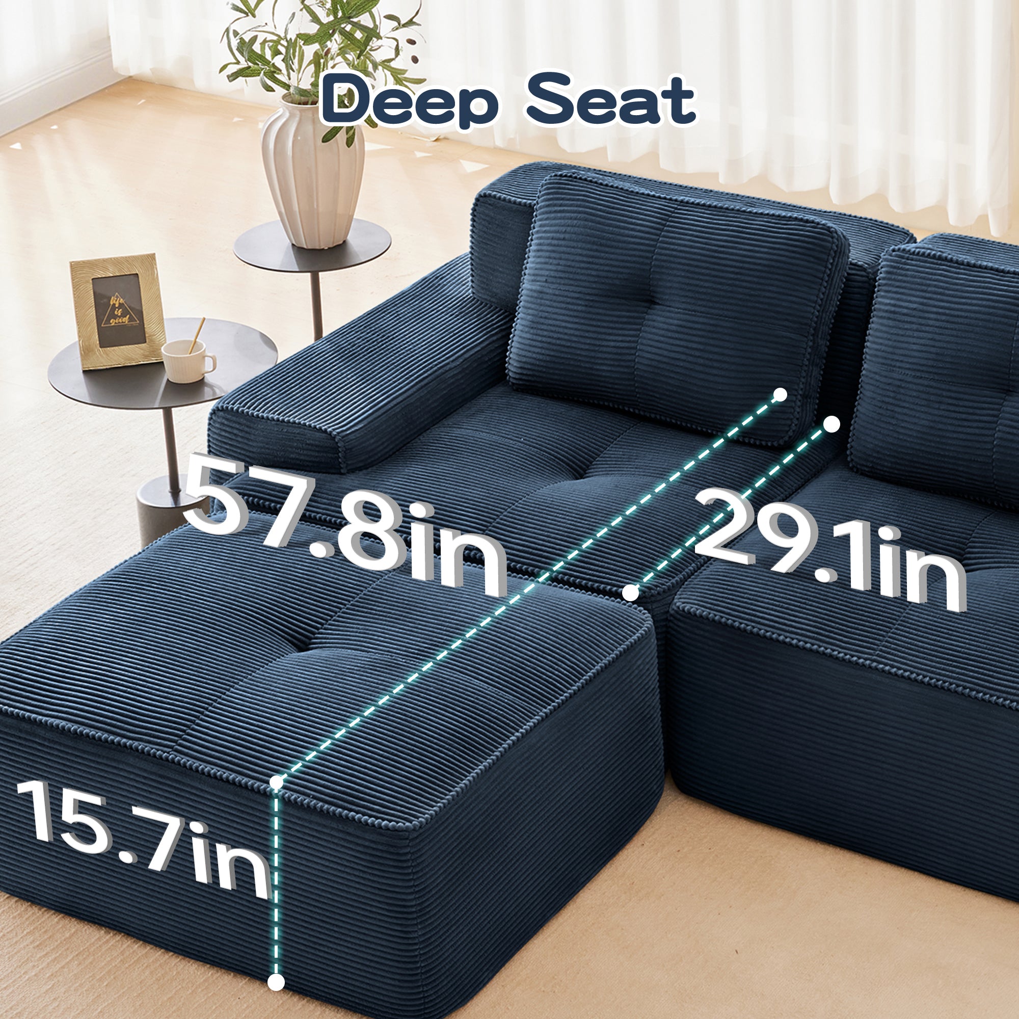 82 Modern L-Shaped Modular Sectional Sofa For Living Room, Corduroy Fabric, 2-Seater Couch With Deep Seat And Movable Ottoman, Pearl-like Piping, Tufted Design, No Assembly, Anti-slip Design, Blue