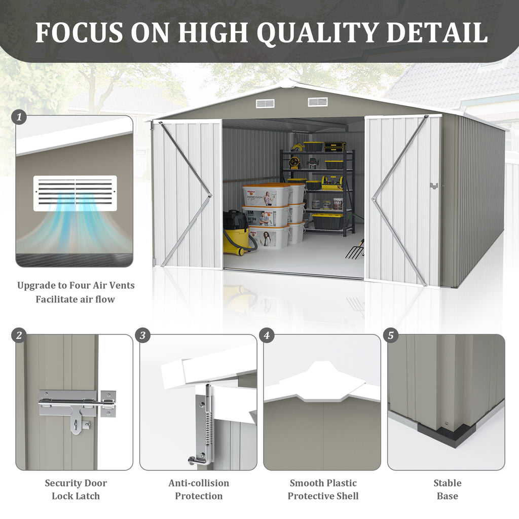 Campcraft  Outdoor Storage Shed 10x14 FT With 3 Lockable Doors,4 Air Vents & Sloped Roof,Utility Tool Shed Metal Storage Garden Sheds  Frame And 4 Vents,for Backyard,Patio,Lawn,Light Grey