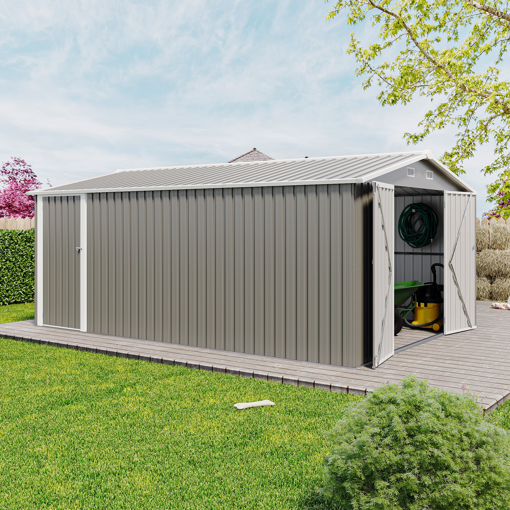Campcraft  Outdoor Storage Shed 10x14 FT With 3 Lockable Doors,4 Air Vents & Sloped Roof,Utility Tool Shed Metal Storage Garden Sheds  Frame And 4 Vents,for Backyard,Patio,Lawn,Light Grey