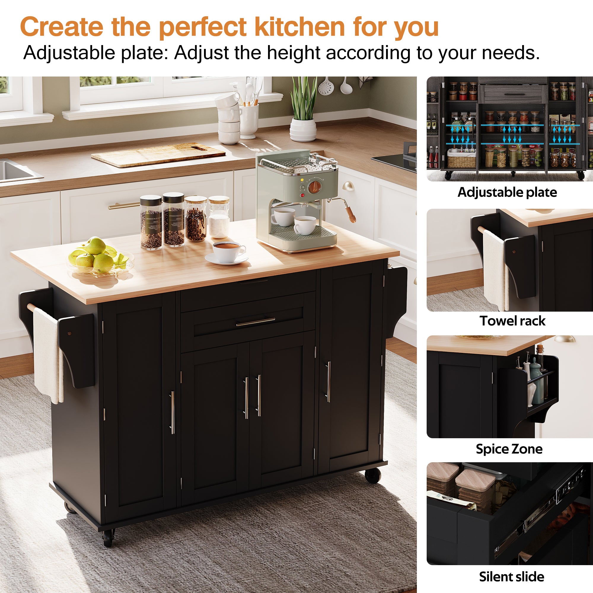 129x46-71x91cm Kitchen Island On Wheels, With Foldable Tabletop, Adjustable Shelves, Rolling Trolley With Storage Cabinets And 2 Drawers, For The Dining Room