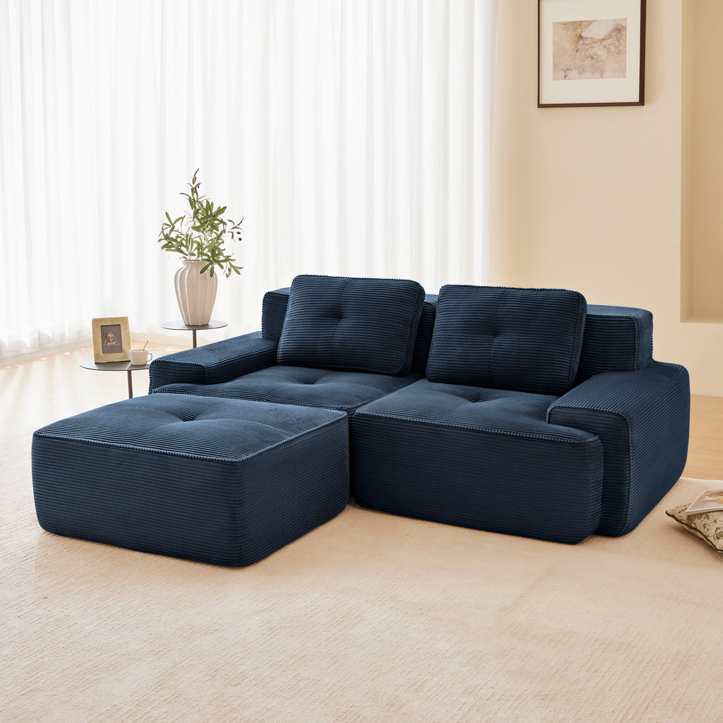 82 Modern L-Shaped Modular Sectional Sofa For Living Room, Corduroy Fabric, 2-Seater Couch With Deep Seat And Movable Ottoman, Pearl-like Piping, Tufted Design, No Assembly, Anti-slip Design, Blue