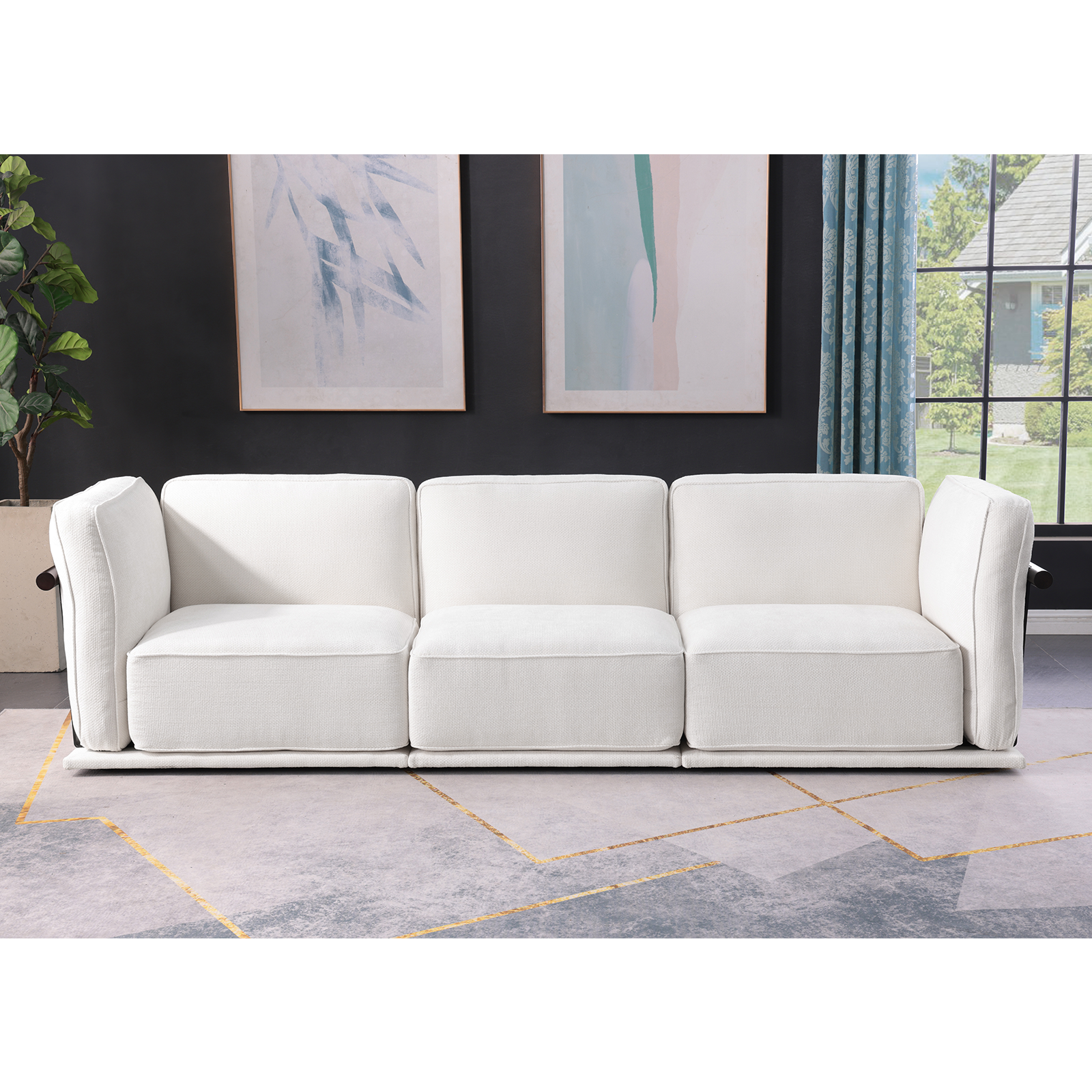 120 Inch White Chenille Modular Sofa , Sturdy Iron,Wood Frame ,Fashionable And Versatile Upholstered Couch For Contemporary Living Rooms