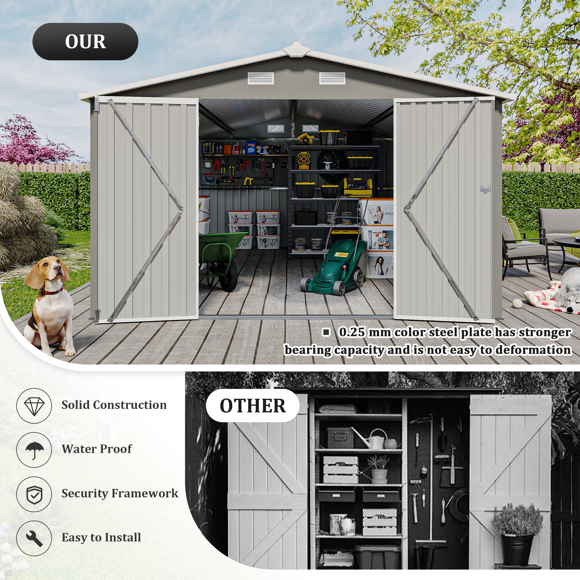Campcraft  Outdoor Storage Shed 10x14 FT With 3 Lockable Doors,4 Air Vents & Sloped Roof,Utility Tool Shed Metal Storage Garden Sheds  Frame And 4 Vents,for Backyard,Patio,Lawn,Light Grey