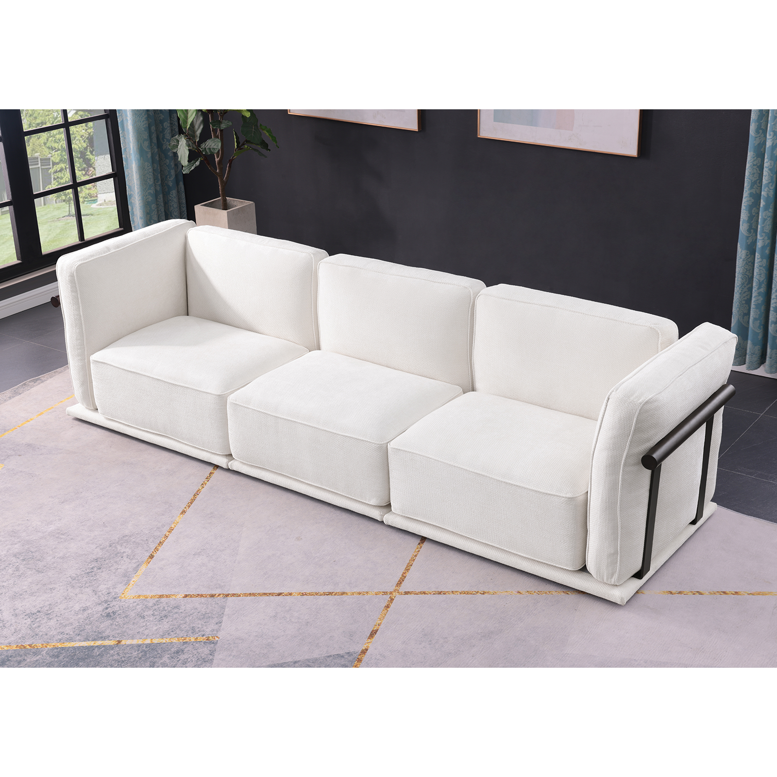 120 Inch White Chenille Modular Sofa , Sturdy Iron,Wood Frame ,Fashionable And Versatile Upholstered Couch For Contemporary Living Rooms