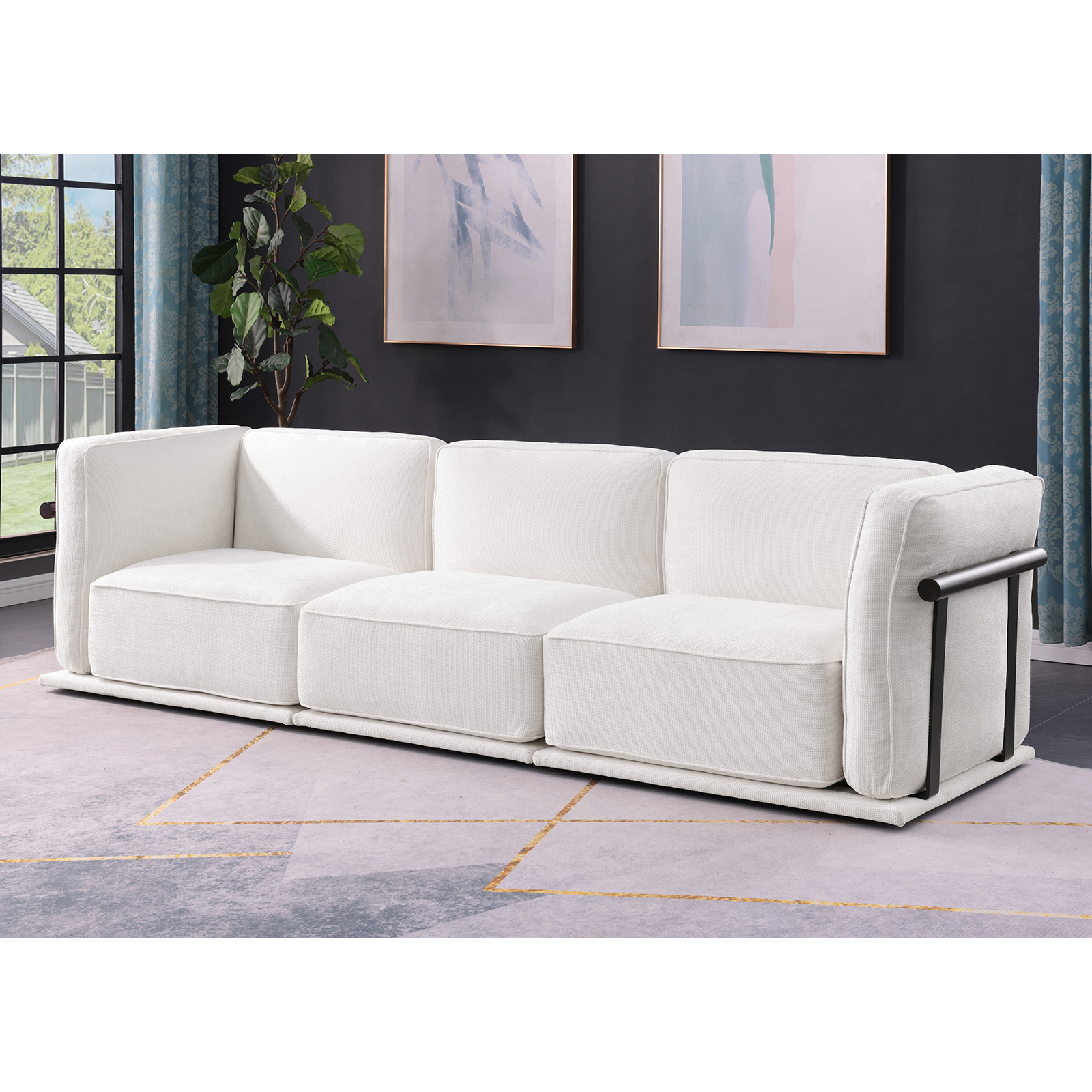 120 Inch White Chenille Modular Sofa , Sturdy Iron,Wood Frame ,Fashionable And Versatile Upholstered Couch For Contemporary Living Rooms