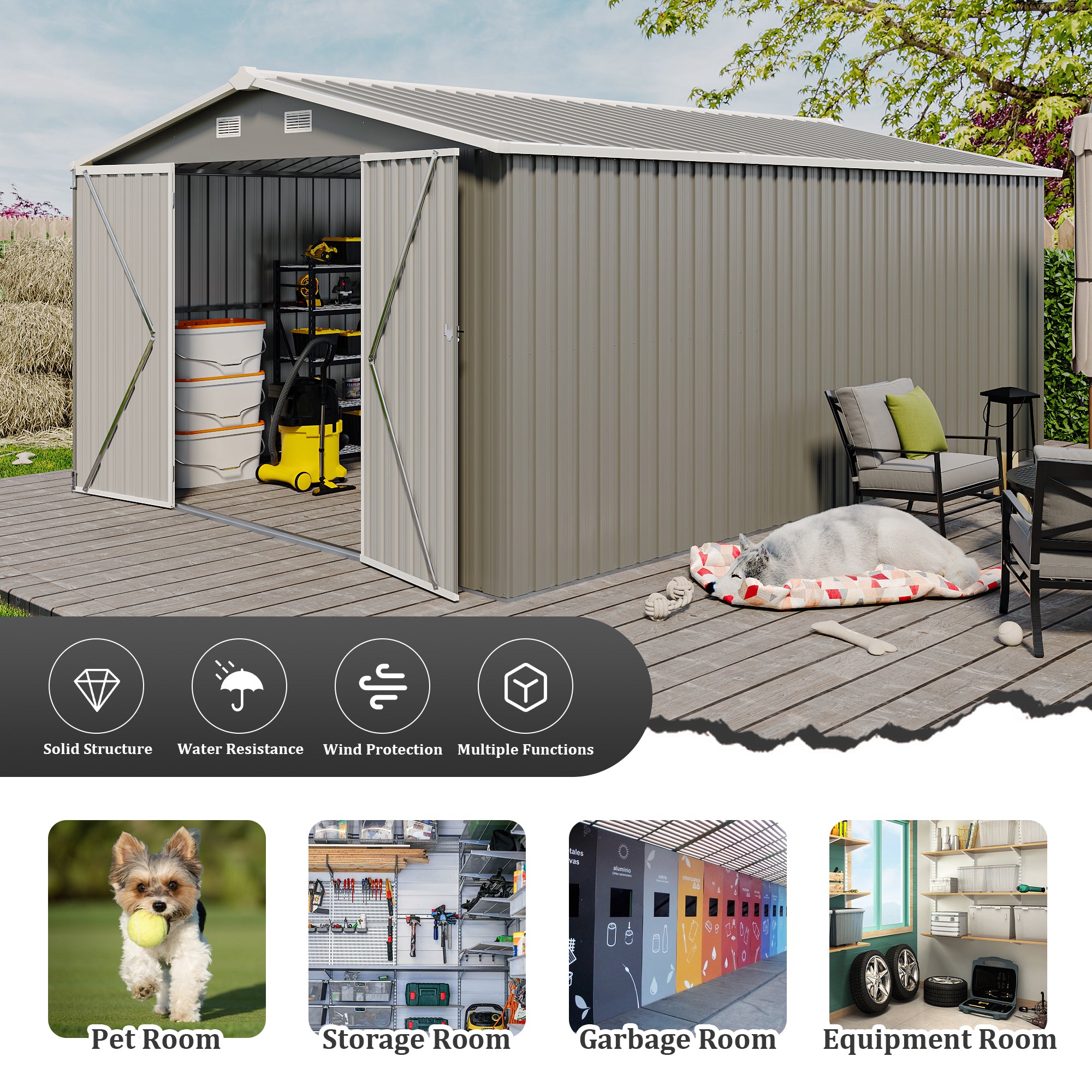 Campcraft  Outdoor Storage Shed 10x14 FT With 3 Lockable Doors,4 Air Vents & Sloped Roof,Utility Tool Shed Metal Storage Garden Sheds  Frame And 4 Vents,for Backyard,Patio,Lawn,Light Grey