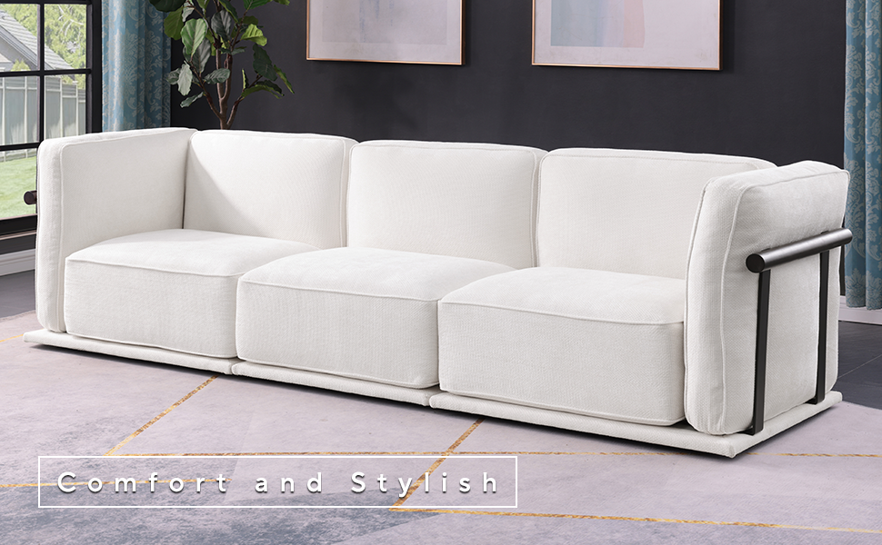 120 Inch White Chenille Modular Sofa , Sturdy Iron,Wood Frame ,Fashionable And Versatile Upholstered Couch For Contemporary Living Rooms