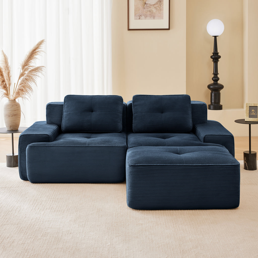 82 Modern L-Shaped Modular Sectional Sofa For Living Room, Corduroy Fabric, 2-Seater Couch With Deep Seat And Movable Ottoman, Pearl-like Piping, Tufted Design, No Assembly, Anti-slip Design, Blue